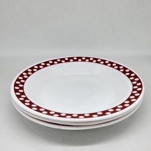 3 white opaline soup plates with red polka dots from Arcopal
