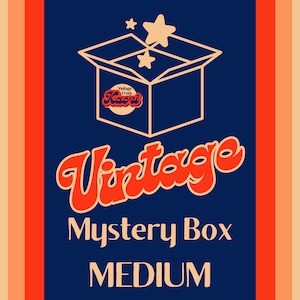 May include: A blue and red striped background with a vintage-style illustration of an open box with stars above it. The text "Vintage Mystery Box MEDIUM" is below the box.