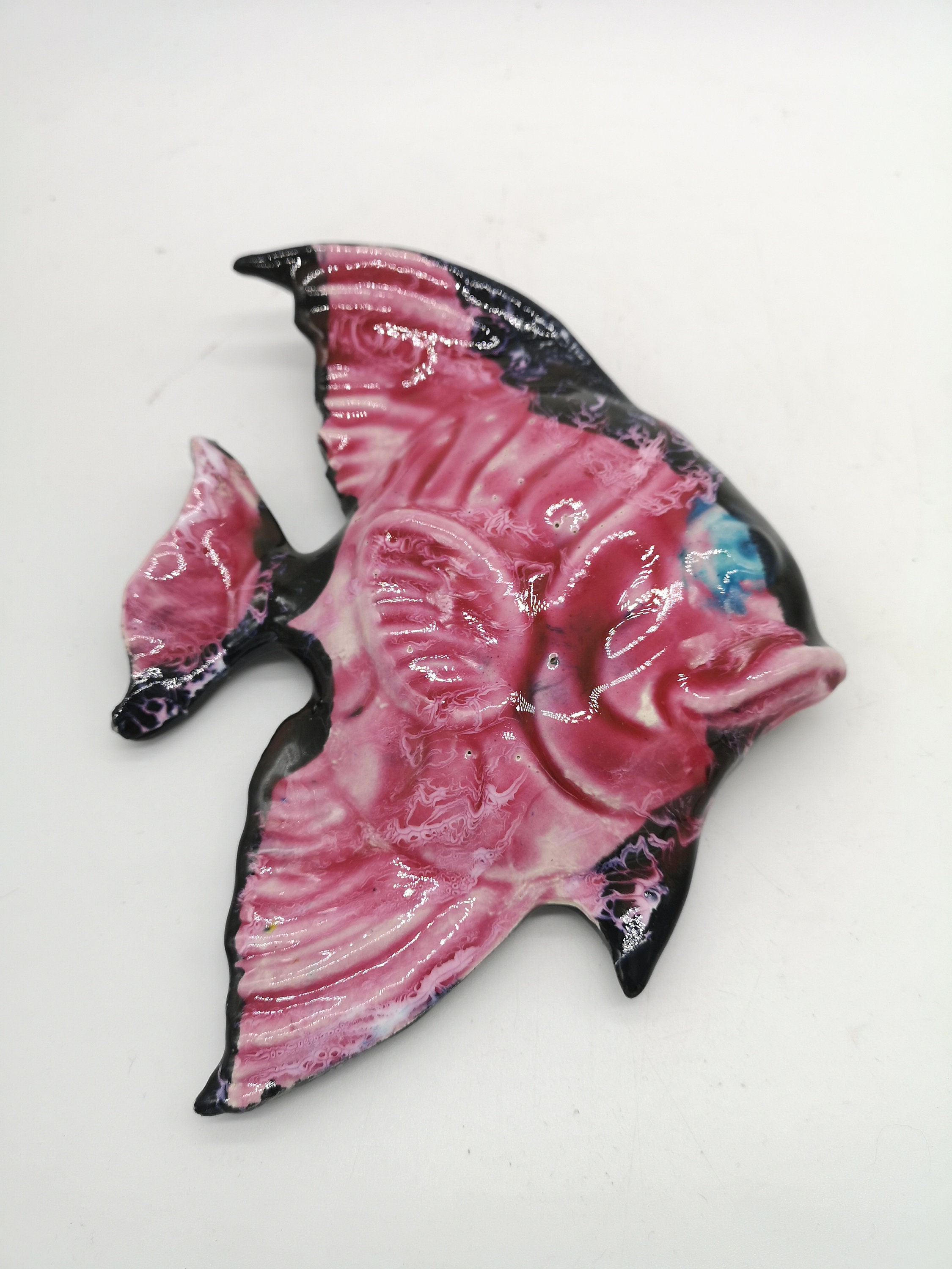 Poisson Céramique Vintage Décoration Murale Style Vallauris Rose et Turquoise