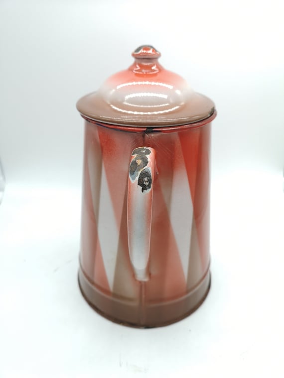 Old small 2-cup coffee maker in white and red enamelled sheet metal
