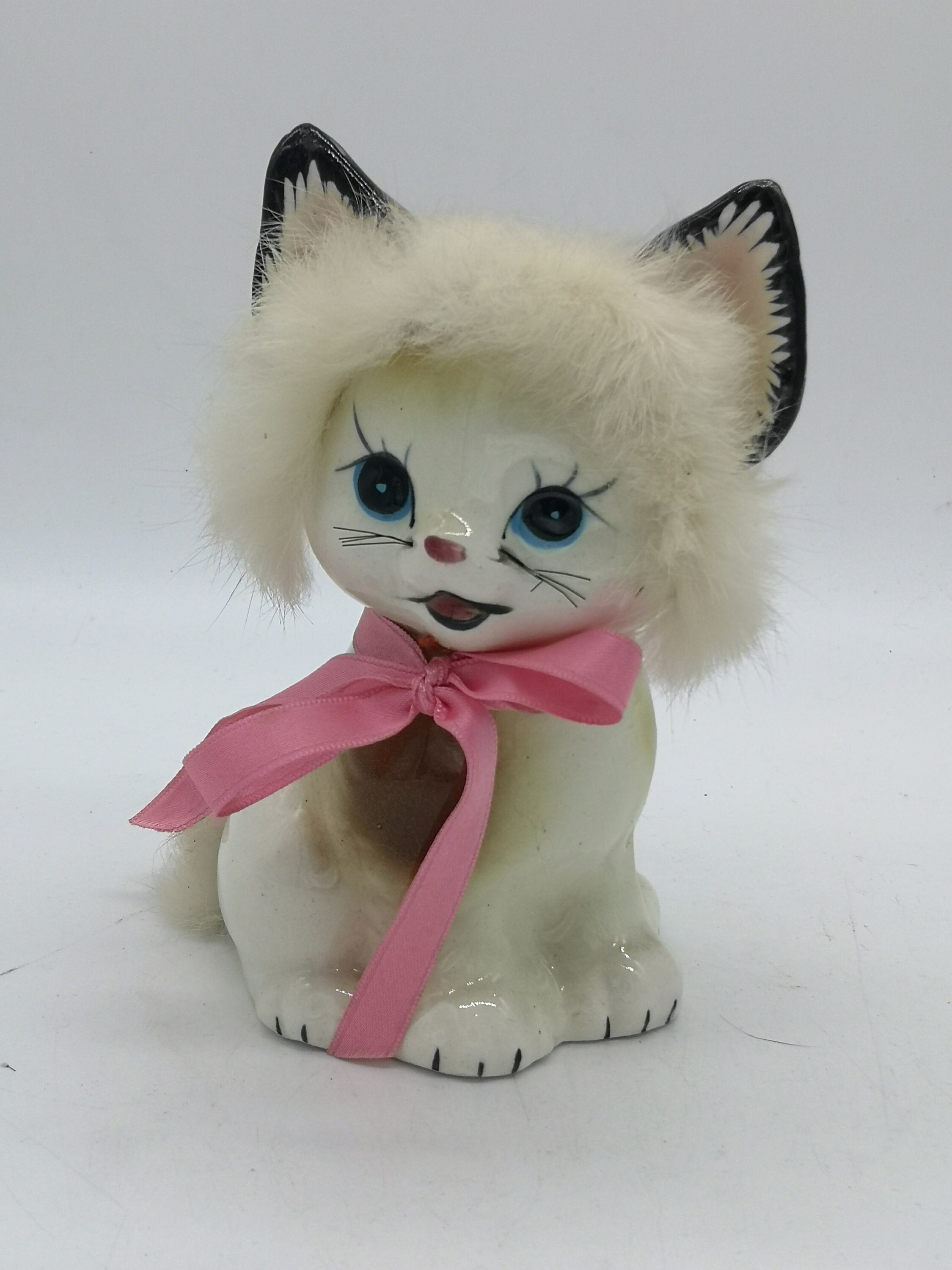 Tirelire Vintage Chaton Capuche Céramique Fausse Fourrure