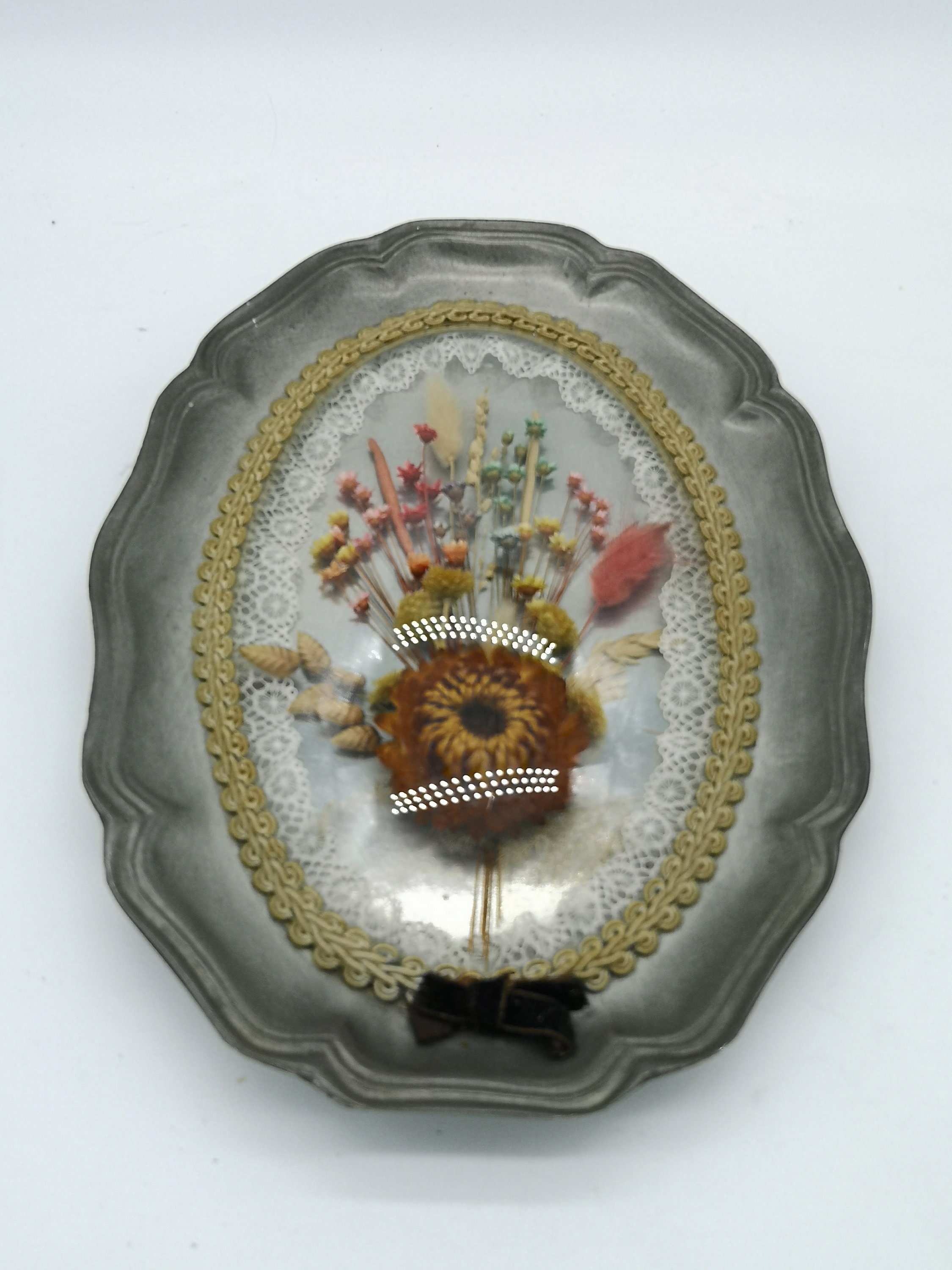 Cadre Vintage Fleurs Séchées Verre Bombé Étain Boho Déco Nature Hippie