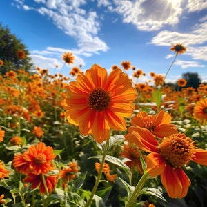 May include: A field of orange and yellow wildflowers under a blue sky with white clouds. The flowers are in full bloom and the sky is bright.