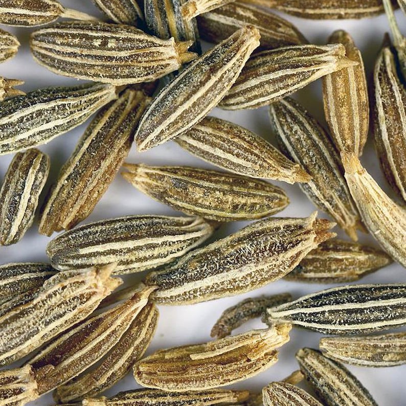 May include: Close-up of a pile of brown cumin seeds. The seeds are long and narrow with a slightly curved shape. They have a rough, textured surface.