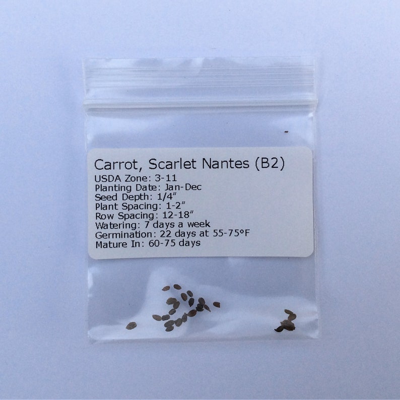 May include: A small plastic bag containing a packet of carrot seeds labeled "Carrot, Scarlet Nantes (B2)". The packet includes planting information, such as USDA zone, planting date, seed depth, plant spacing, row spacing, watering, germination, and mature time.