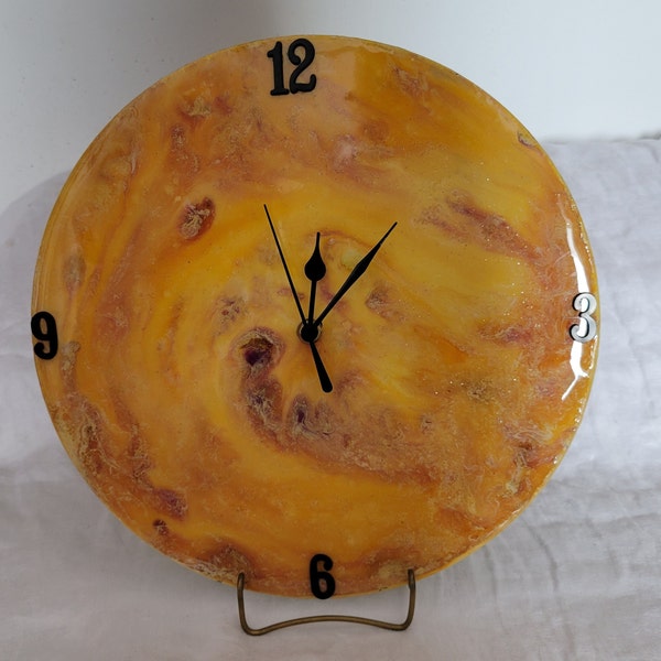 Wall Clock, repurposed album, recycled LP record, Abstract, hand painted, desk, mantle. gold-colored, resin finish