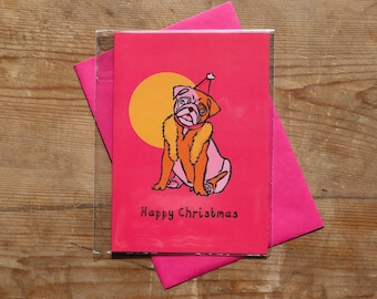 Festive Dog Christmas Card Bright Pink Card For Pug Lovers Xmas Card Blank Card Festive Pug Card