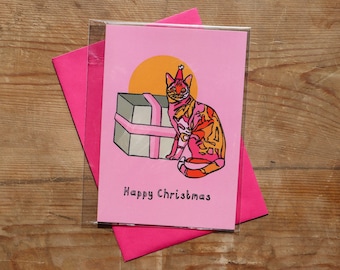 Cat Christmas Card Bright Pink Card For Cat Lovers Xmas Card Blank Card Festive Funny Cat Card