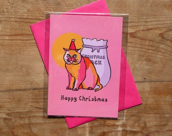 Cat Christmas Card Bright Pink Card For Cat Lovers Xmas Card Blank Card Festive Funny Cat Card