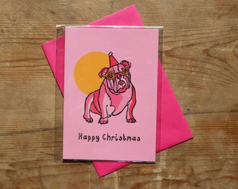 Festive Dog Christmas Card Bright Pink Card For Bulldog Lovers Xmas Card Blank Card Festive Bull-Dog Card