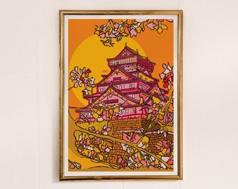 Osaka Castle Orange Art Print| Travel Prints | Bright Wall Art | A5 Prints | A4 Prints | A3 Prints