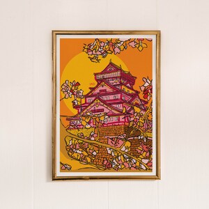 Impression d'art du château d'Osaka : affiche de voyage au Japon, art mural fleurs de cerisier