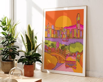 Hong Kong Art Print Hong Kong Drawing Bright Decor Hong Kong Travel Print China Art Travel Gift Hong Kong Skyline Print