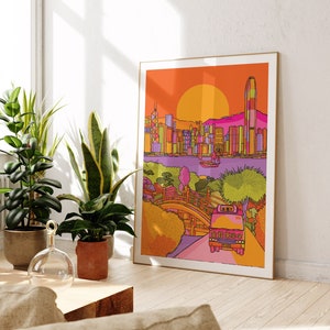 Impresión artística de Hong Kong: ilustración colorida del horizonte