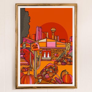 May include: An orange and pink illustration of a pumpkin patch in front of the Dallas skyline. The illustration includes a jack-o-lantern, ghosts, and the text "Dallas".
