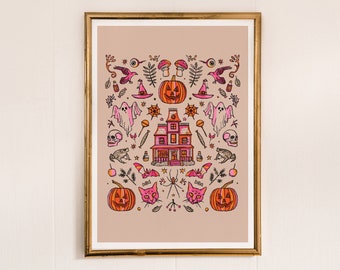 A Spooky Pink Art Print, Haunted House Print, Ghost Drawing, Bat Print, Pumpkin Decor, Trick Or Treat Decor, Pink And Orange Art