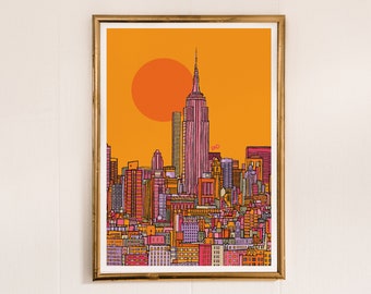 New York Art Print | New York Travel Print | New York Skyline Drawing | Bright Travel Print | New York Travel Gift | New York Travel Poster