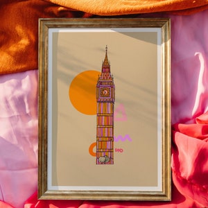 Big Ben Art Print Bright London Print Big Ben Drawing London Art Print Bright Pink Decor Architectural Print Big Ben Print image 3