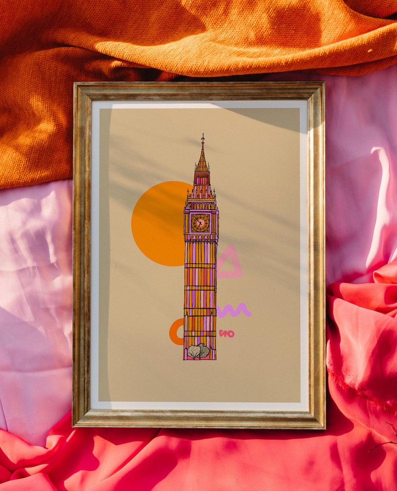 Big Ben Art Print Bright London Print Big Ben Drawing London Art Print Bright Pink Decor Architectural Print Big Ben Print image 3