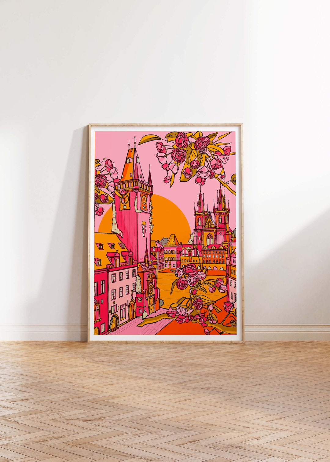 Prague Wall Art Prague Travel Print Pink Prague Drawing Bright Home