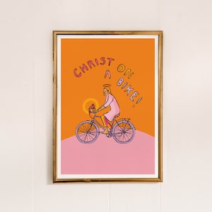 Christ On A Bike Art Print: Funny Pink & Orange Home Decor