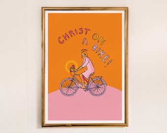 Christ On A Bike Art Print | Funny Print | Bright Home Decor | Punny Prints | Pink And Orange Decor | Jesus Art