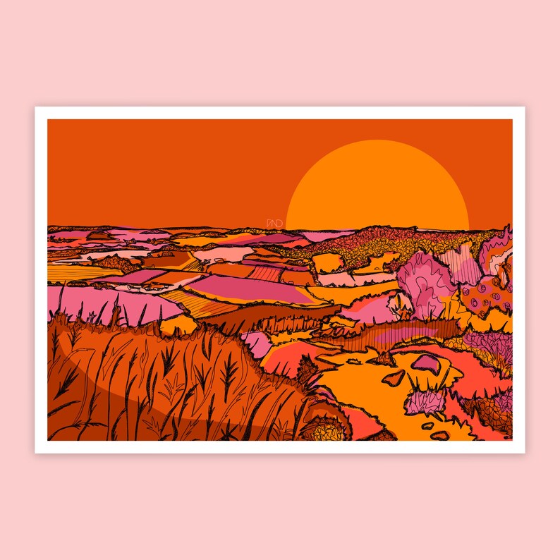 May include: A digital illustration of a sunset over a landscape with rolling hills and fields in shades of orange, pink, and yellow.