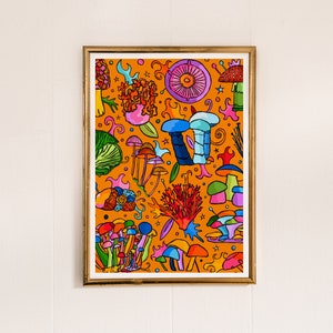 Bright Wall Art, Mushroom Art, Fungi Poster, Magic Mushroom Poster, Yellow Print, Mushroom Decor, Colourful Wall Art image 1