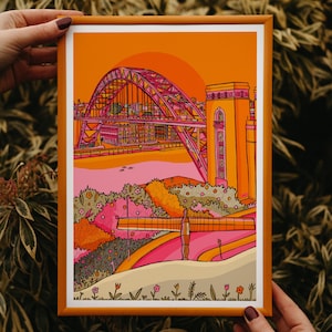 Newcastle Art Print: Tyne Bridge & Angel of the North, Bright Wall Decor