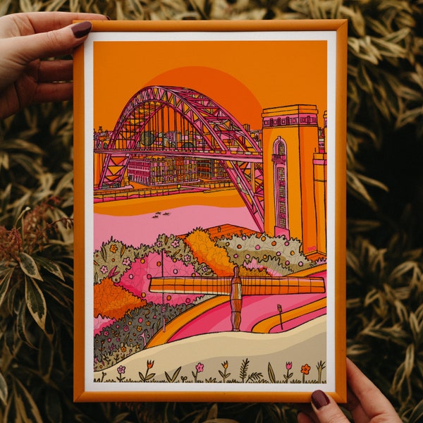 Newcastle Art Print: Tyne Bridge & Angel of the North, Bright Wall Decor
