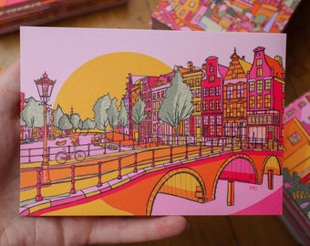 Carte postale d'Amsterdam, impression d'art d'Amsterdam, carte postale de luxe, dessin d'Amsterdam