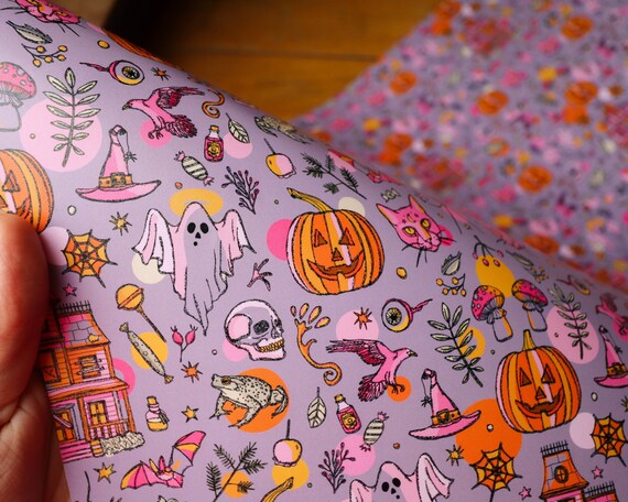 Spooky Halloween Wrapping Paper, Pumpkin Gift Wrap, Haunted House Scrapbooking Paper, Purple Gifting