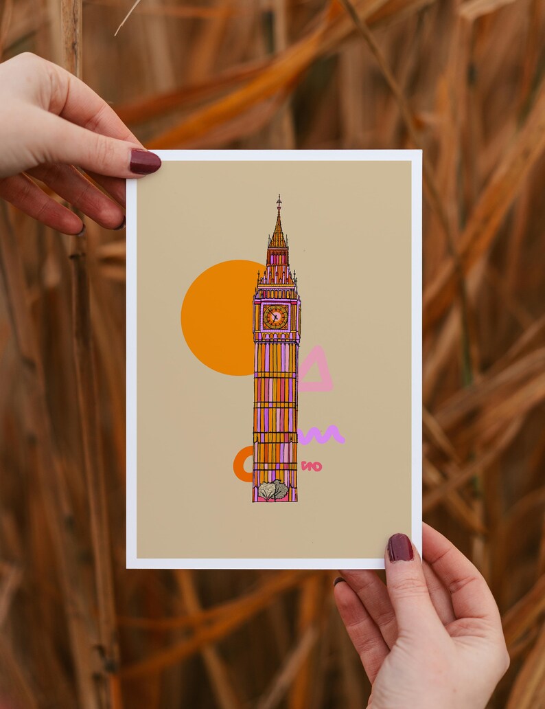 Big Ben Art Print Bright London Print Big Ben Drawing London Art Print Bright Pink Decor Architectural Print Big Ben Print image 5