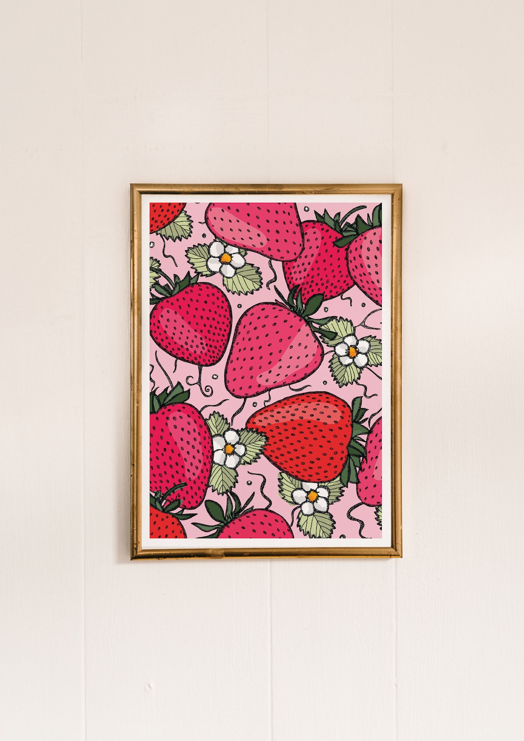 Bright Pink Wall Art, Strawberry Print, Pink Strawberries Art