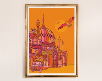 Brighton Art Print | Brighton Travel Print | Brighton Pavilion Drawing | Bright Travel Print |  Orange And Pink Art | Brighton Travel Poster