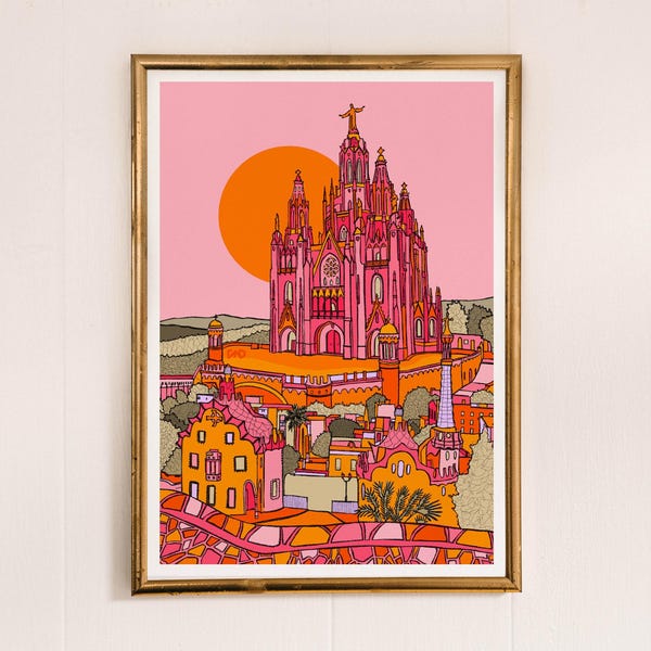 Barcelona Travel Art Print: Pink Cityscape Illustration