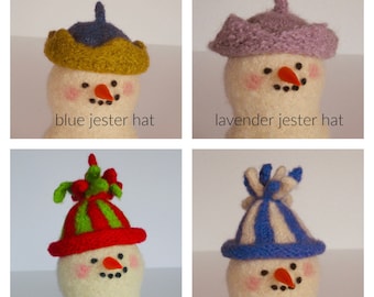 SNOWMAN HATS-1, felted snowman hats, snowman gifts, wool hats for woolly snowmen, marie mayhew