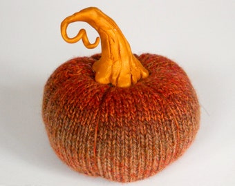 HAND KNIT PUMPKIN, pumpkin patch, orange variegated knit pumpkin, autumn knit decor, knit pumpkin with clay stem, knit pumpkins