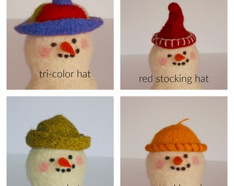 SNOWMAN HATS-3, felted snowman hats, snowman gifts, wool hats for woolly snowmen, marie mayhew