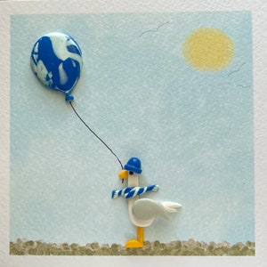 Jolie carte de voeux Art mouette avec décorations en argile faites main. (*SALUTATION PERSONNELLE* en option sur le devant)