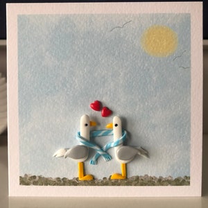 Jolie carte de voeux artistique Art mouette avec décorations en argile faites à la main. (*SALUTATION PERSONNELLE* en option sur le devant)