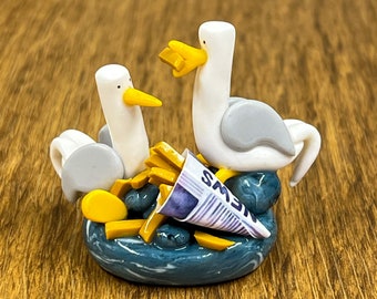 Handmade seagulls eating chips figure, gift for friends/loved ones.