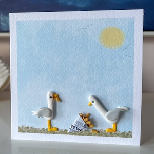 Niedliche Möwe-Grußkarte mit handgemachten Tondekorationen.(Optional * PERSÖNLICHER GRUSS * auf der Vorderseite)