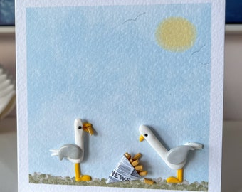 Cute Seagull Art art greeting card with handmade clay decorations.(Optional *PERSONAL GREETING* on front)