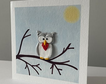Cute  greeting card with handmade clay owl decoration. (Optional *PERSONAL GREETING* on front)