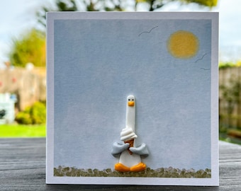 Greeting card with handmade clay Seagull holding ice cream (optional *PERSONAL GREETING* on front)
