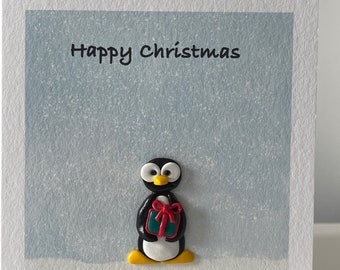 Cute Penguin Christmas Card with handmade clay decoration