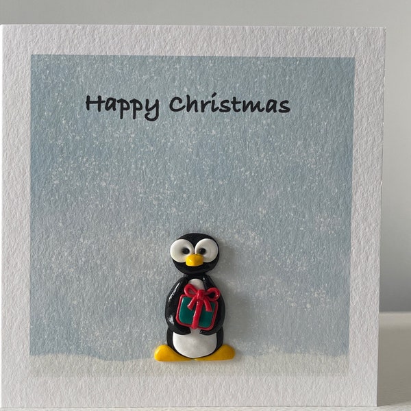 Cute Penguin Christmas Card with handmade clay decoration