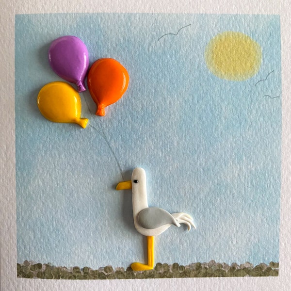 Cute Seagull Art greeting card with handmade clay decorations.(Optional *PERSONAL GREETING* on front)