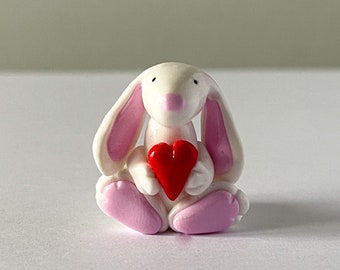 Handmade Clay White Bunny holding a heart